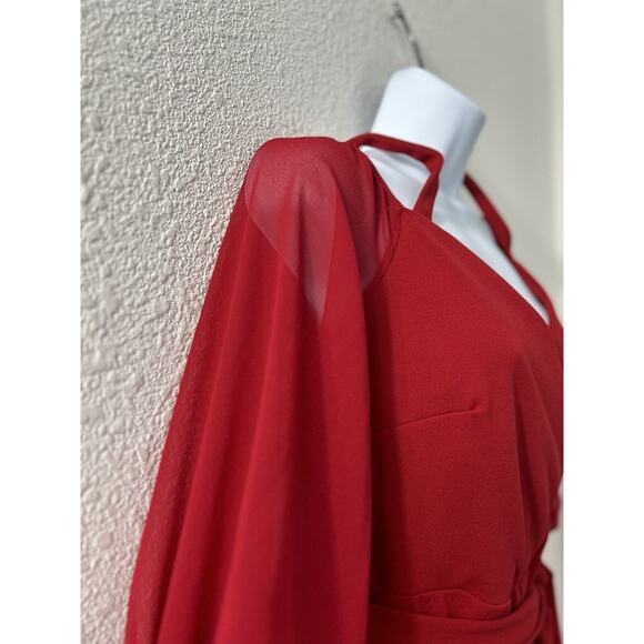 Fashion Nova Red Cold Shoulder Wide Leg Jumpsuit Belted Falling For Your Charm M - Picture 3 of 16